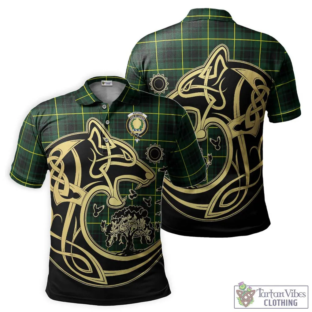 Arthur Modern Tartan Polo Shirt with Family Crest Celtic Wolf Style