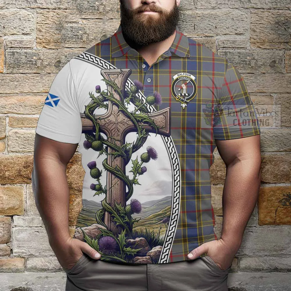 Balfour Tartan Polo Shirt with Family Crest and St. Andrew's Cross Accented by Thistle Vines