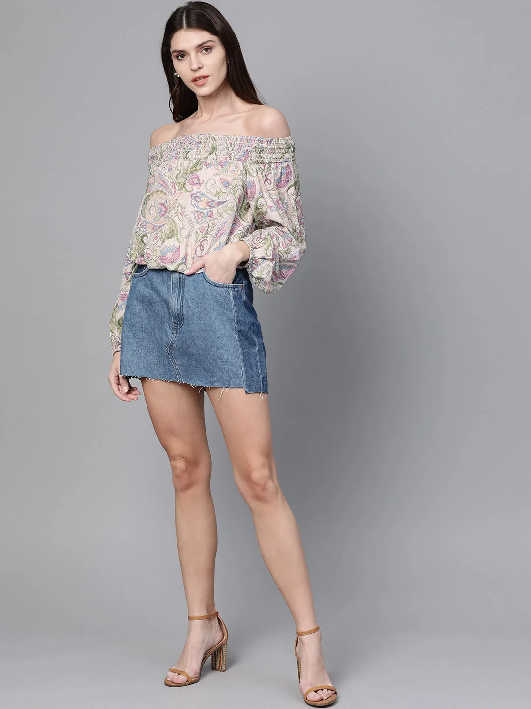 Beige Paisley Smocked Bardot Crop Top