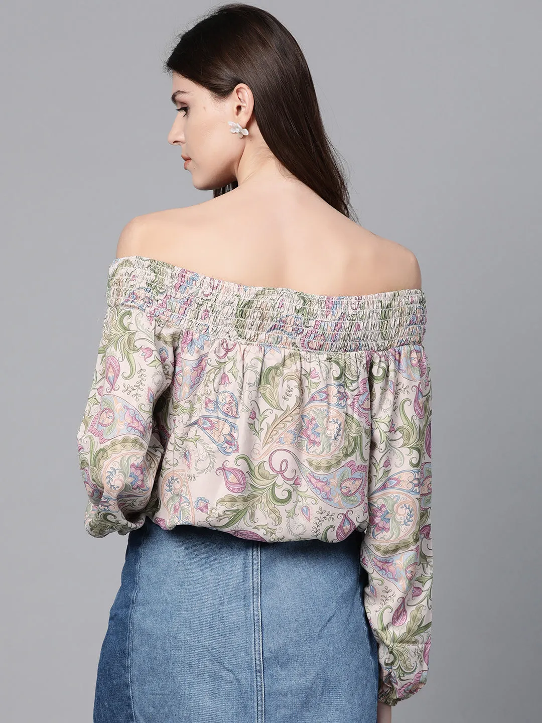 Beige Paisley Smocked Bardot Crop Top