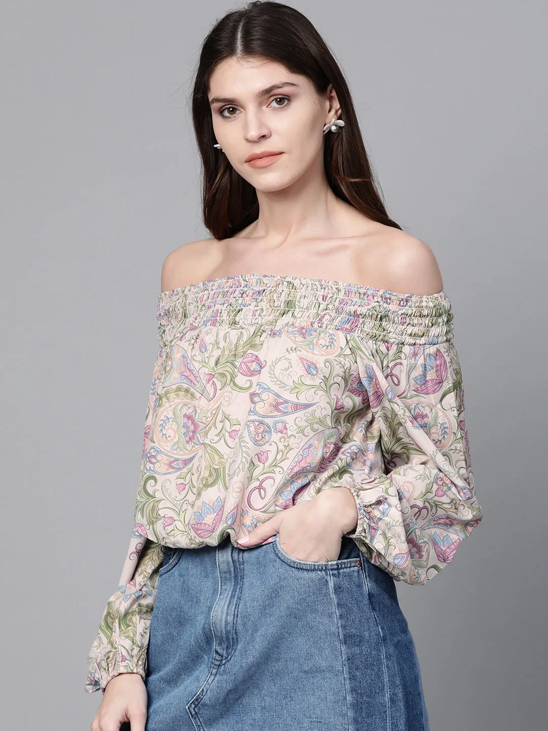 Beige Paisley Smocked Bardot Crop Top