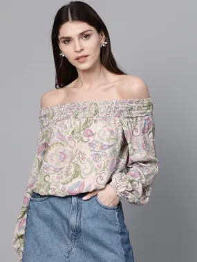Beige Paisley Smocked Bardot Crop Top