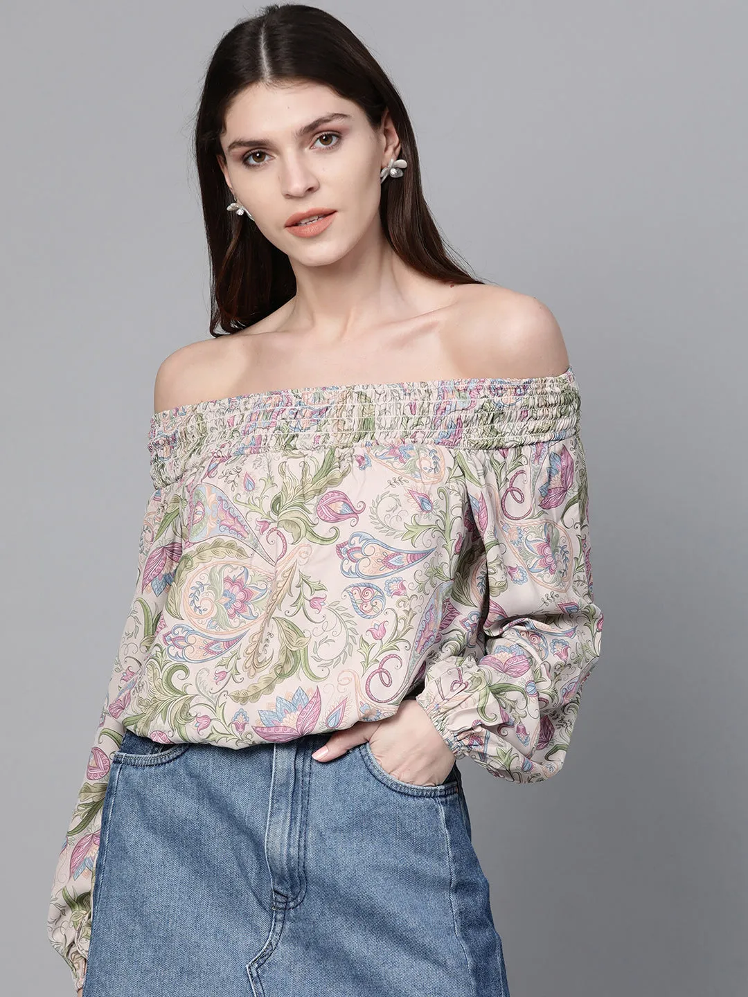 Beige Paisley Smocked Bardot Crop Top