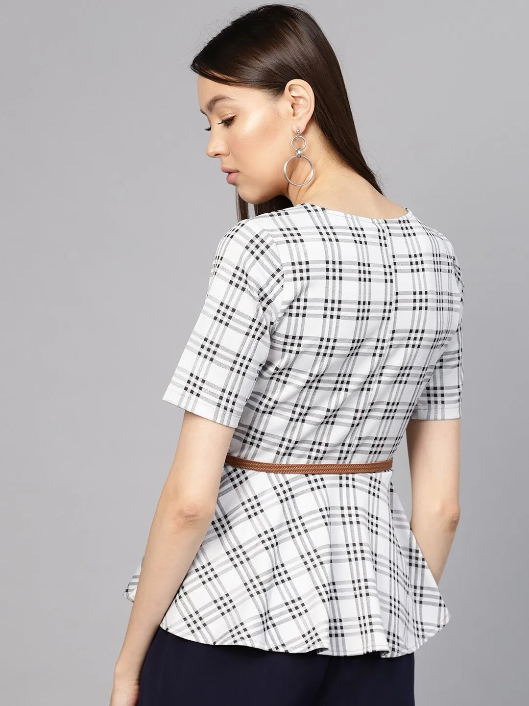 Black & Grey Check Belted Peplum Top