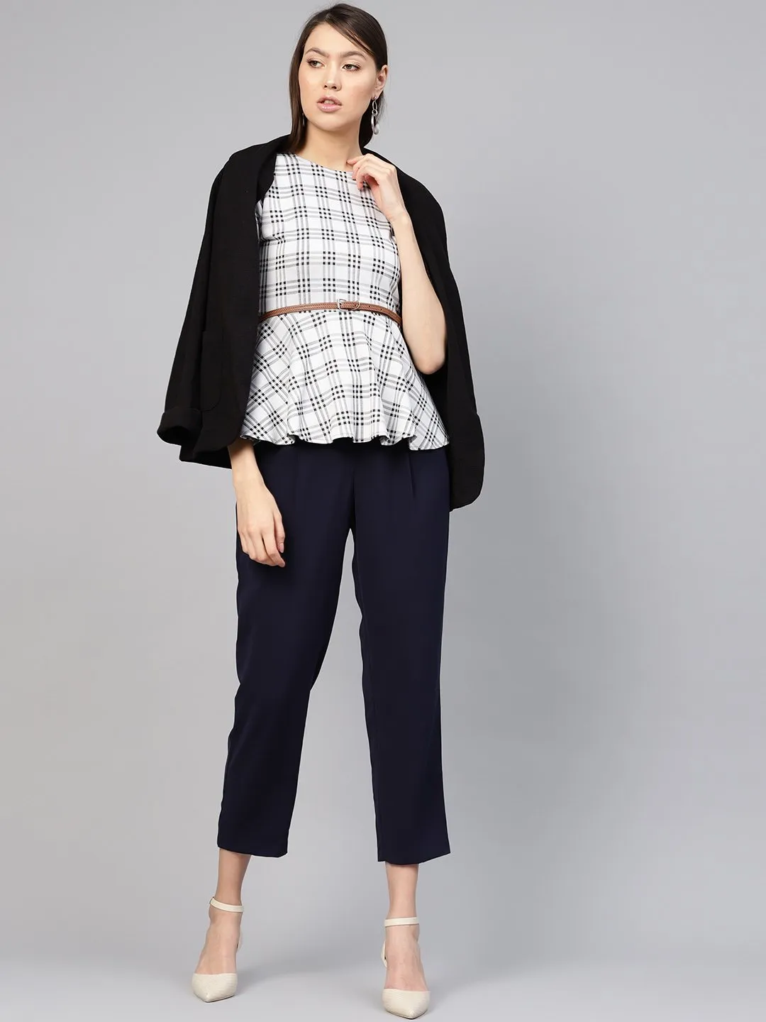 Black & Grey Check Belted Peplum Top