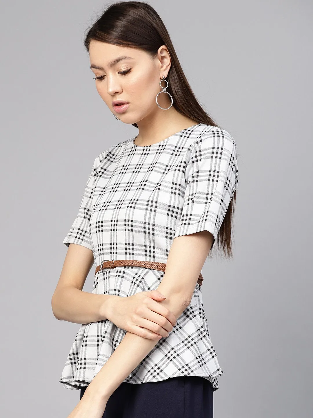 Black & Grey Check Belted Peplum Top