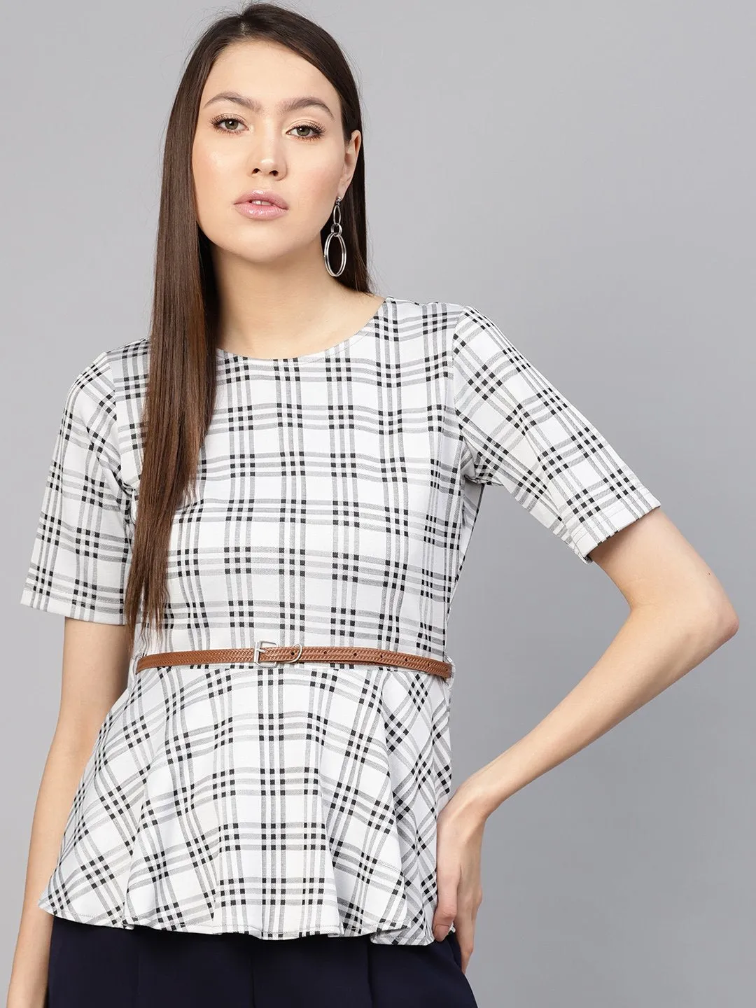 Black & Grey Check Belted Peplum Top