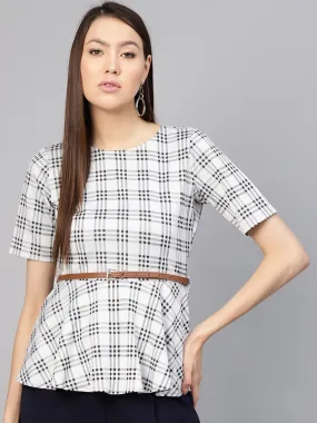 Black & Grey Check Belted Peplum Top