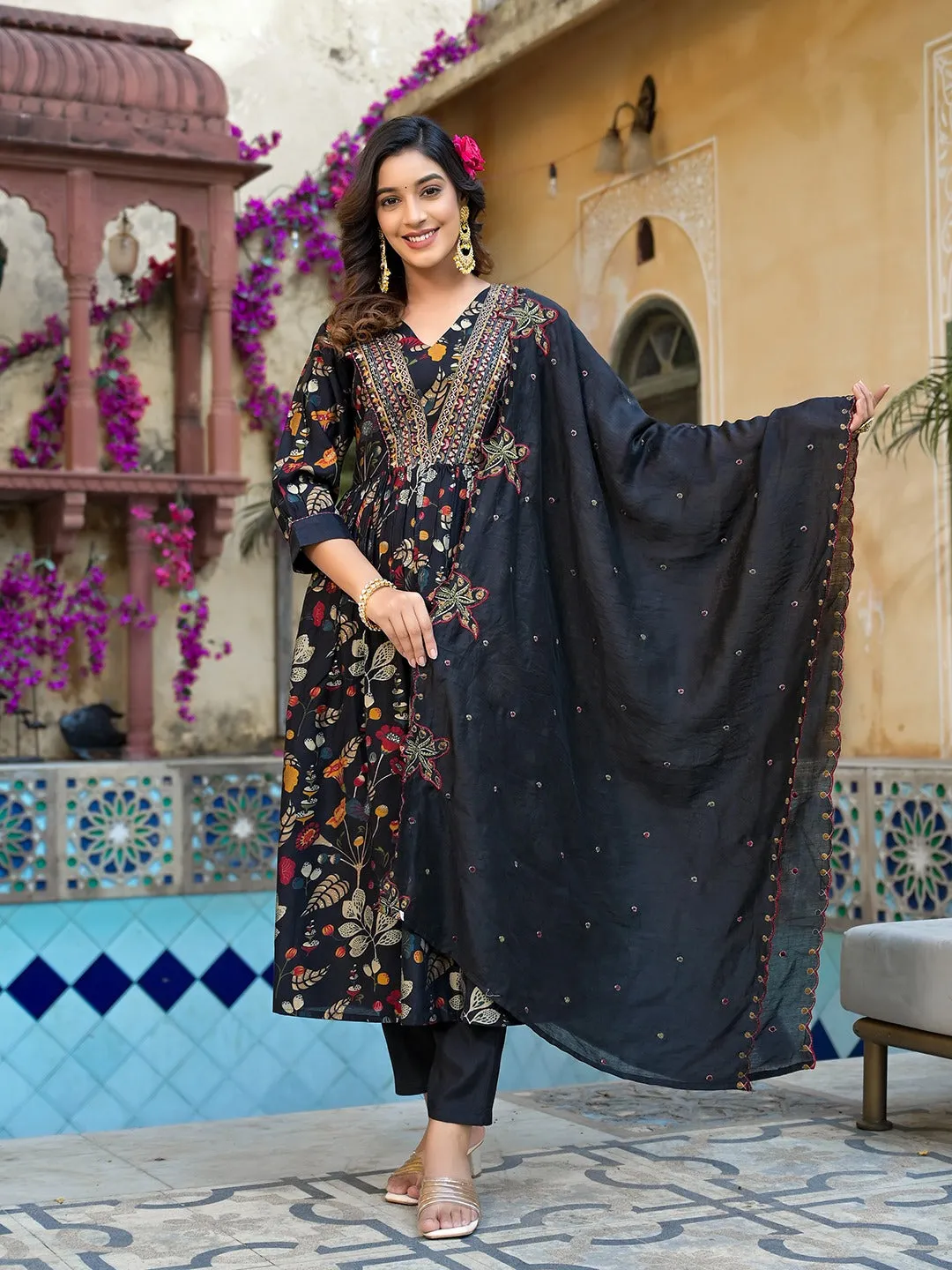 Black Embroidered A-Line Kurta Trouser With Dupatta Set