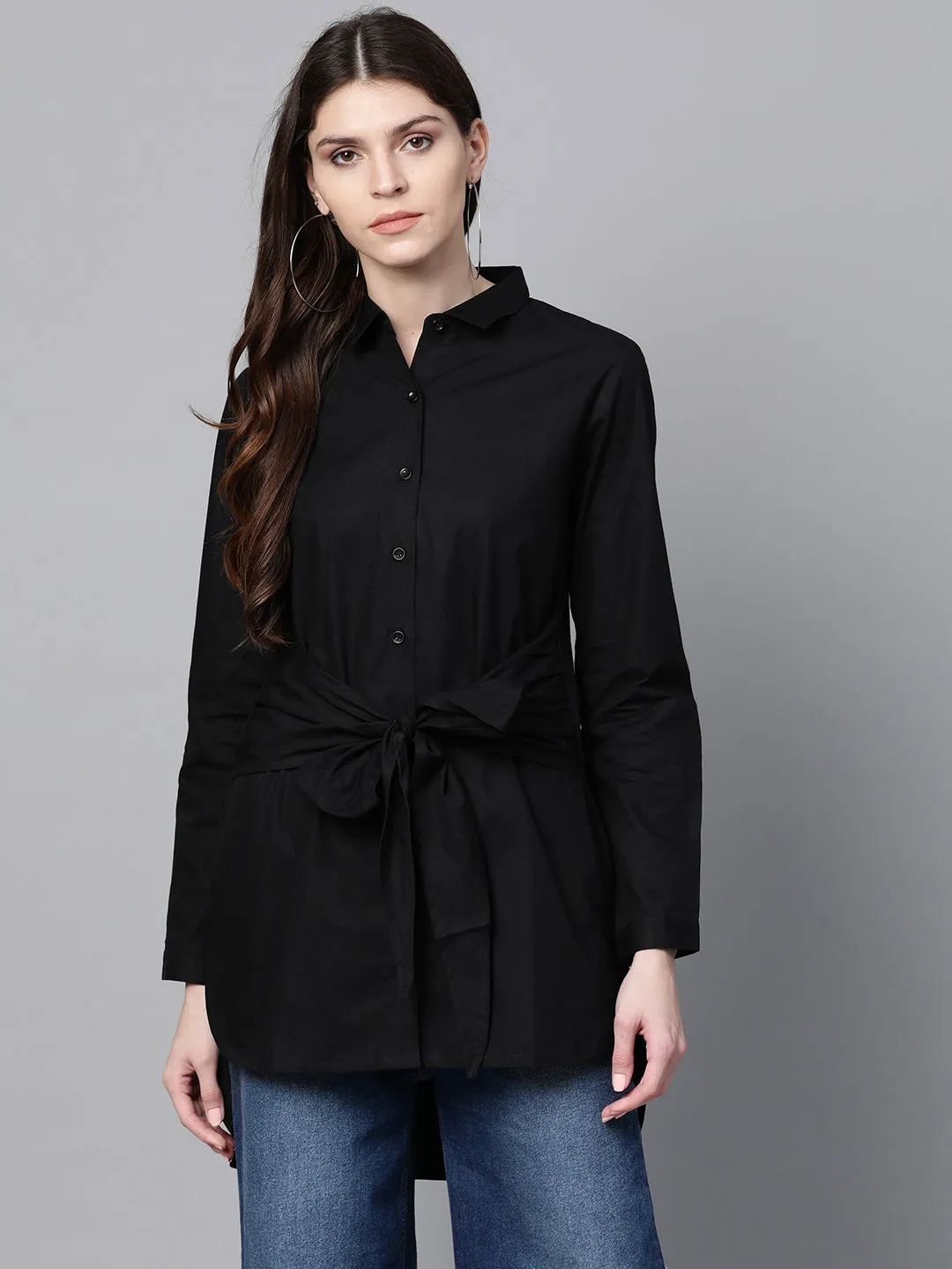 Black Front Tie Longline Shirt