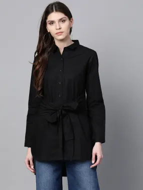 Black Front Tie Longline Shirt