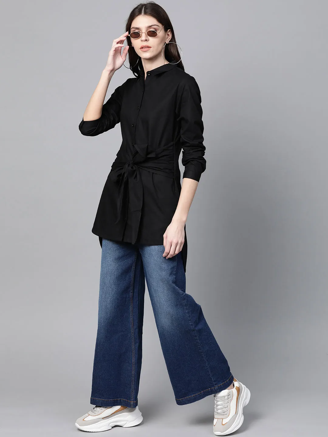 Black Front Tie Longline Shirt