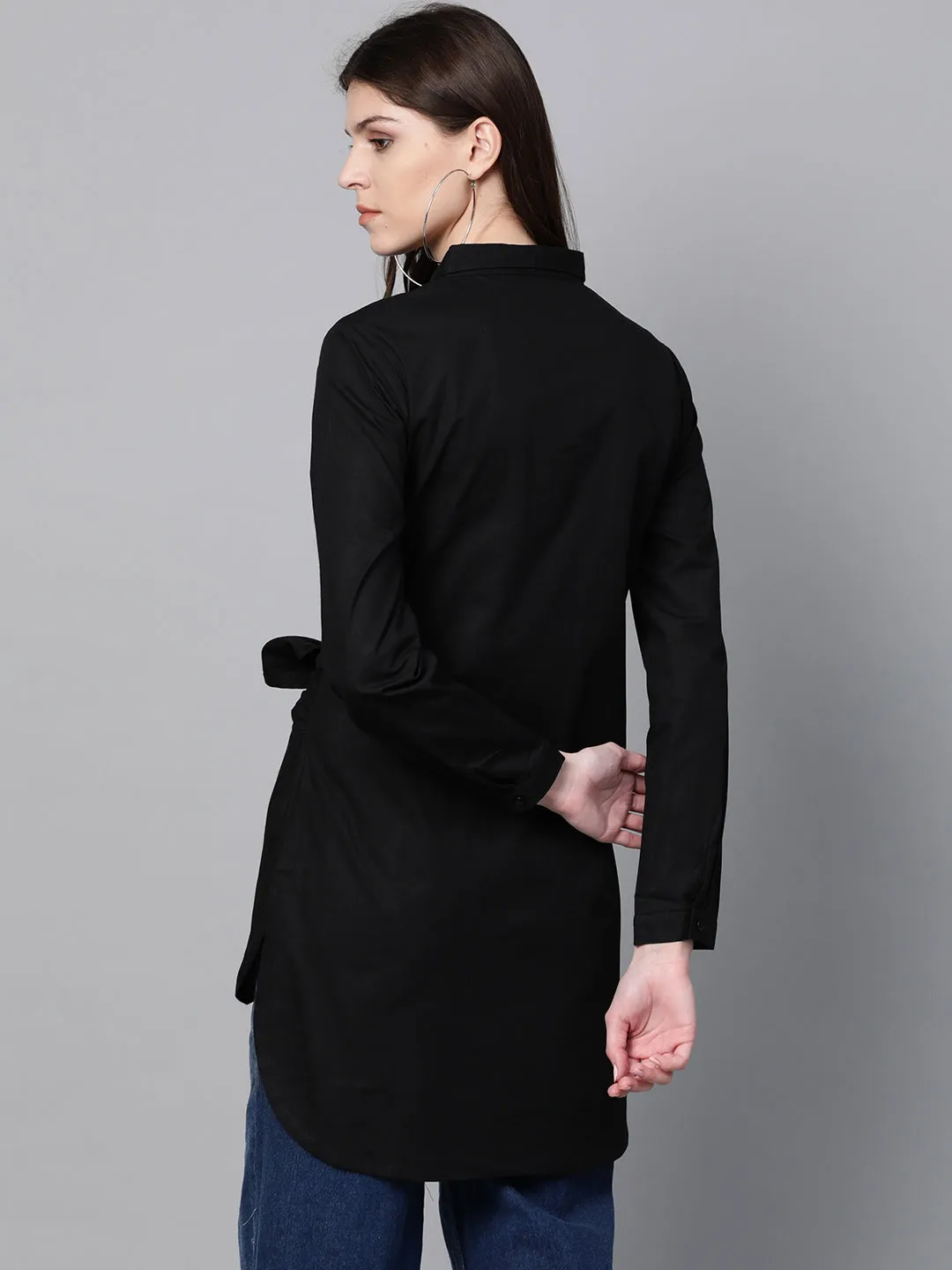 Black Front Tie Longline Shirt