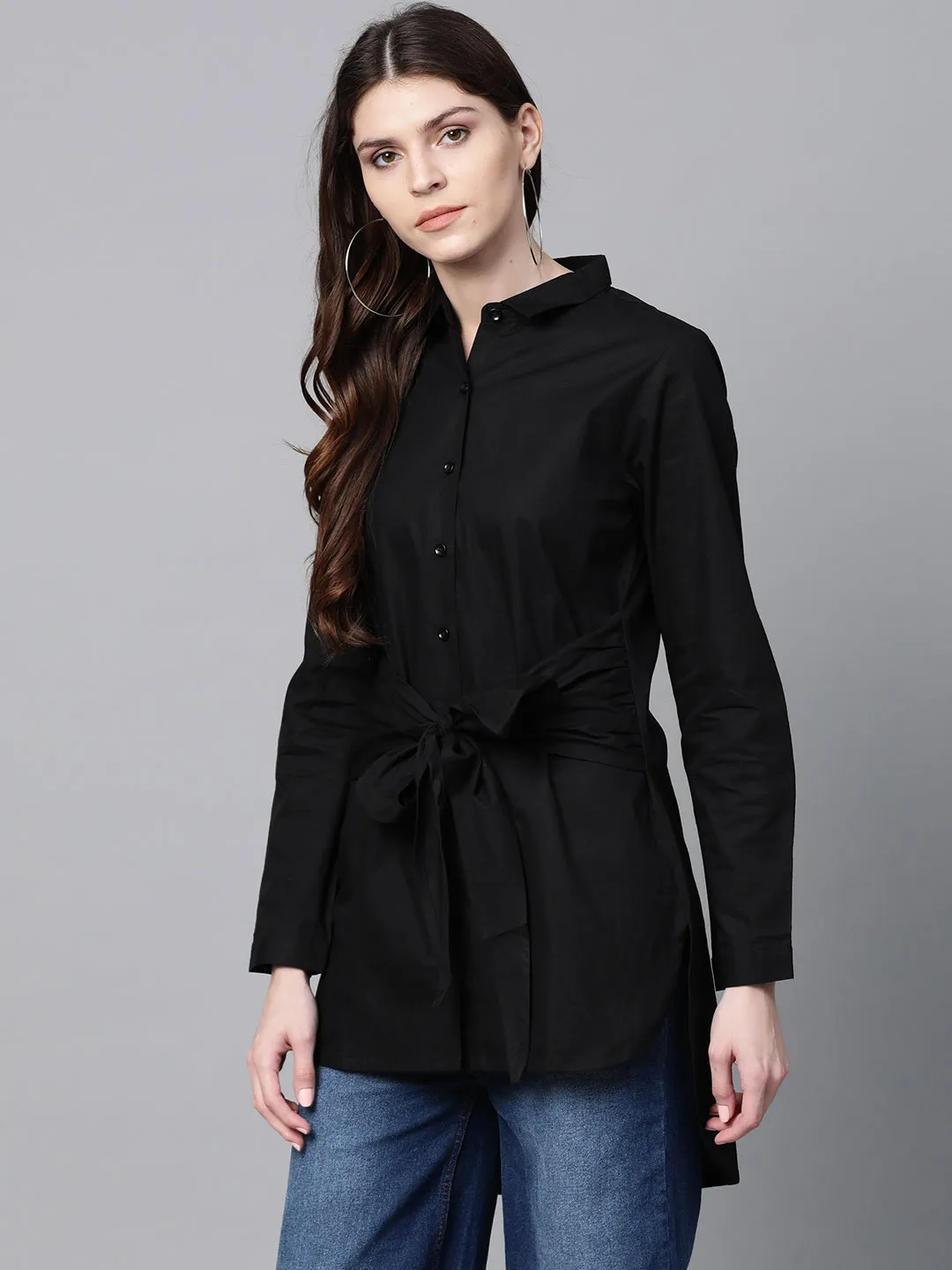 Black Front Tie Longline Shirt