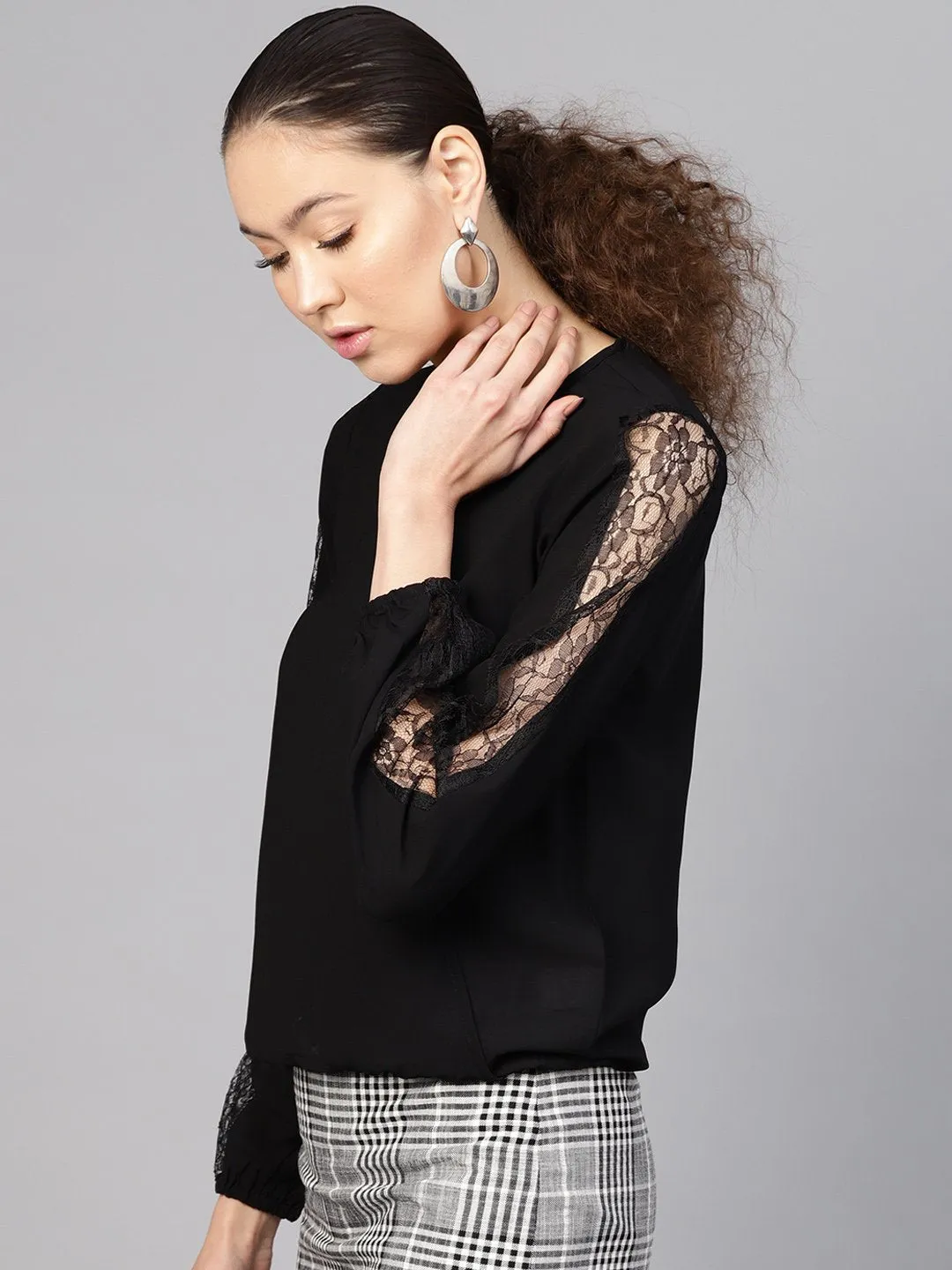 Black Lace Insert Wrap Top