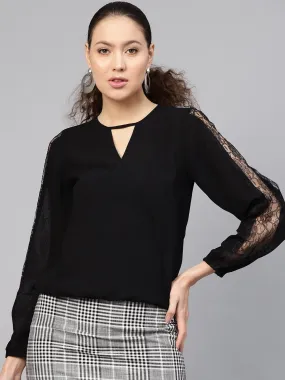 Black Lace Insert Wrap Top