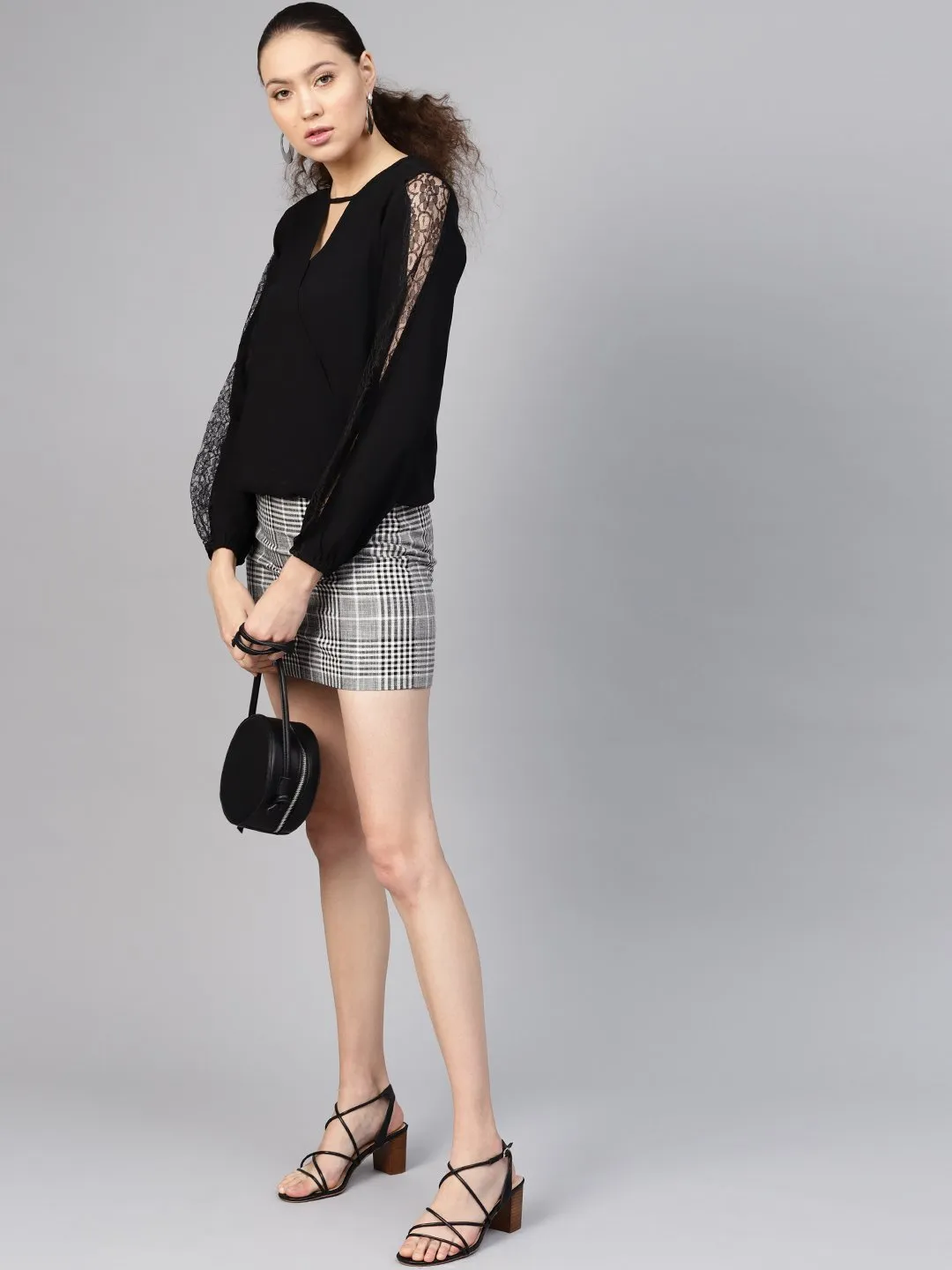 Black Lace Insert Wrap Top