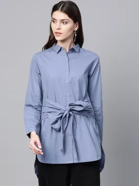 Blue Front Tie Longline Shirt