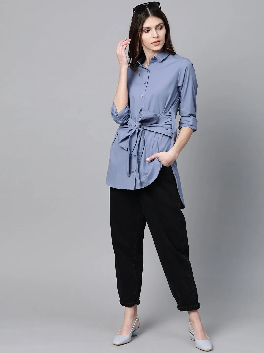 Blue Front Tie Longline Shirt