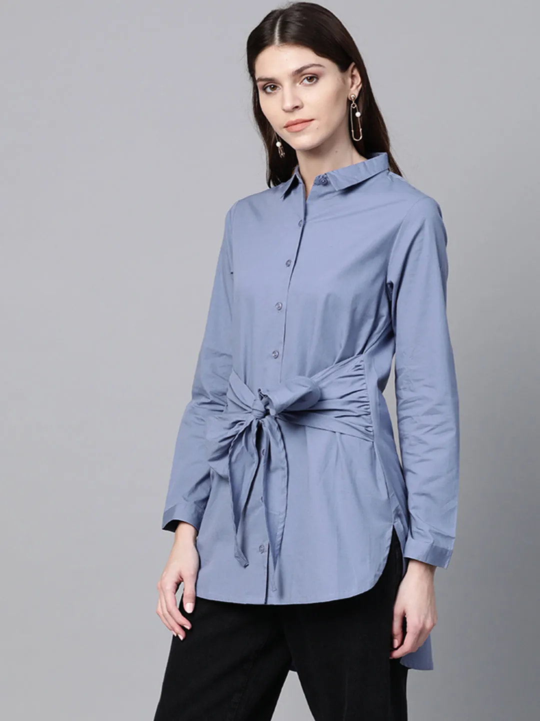 Blue Front Tie Longline Shirt