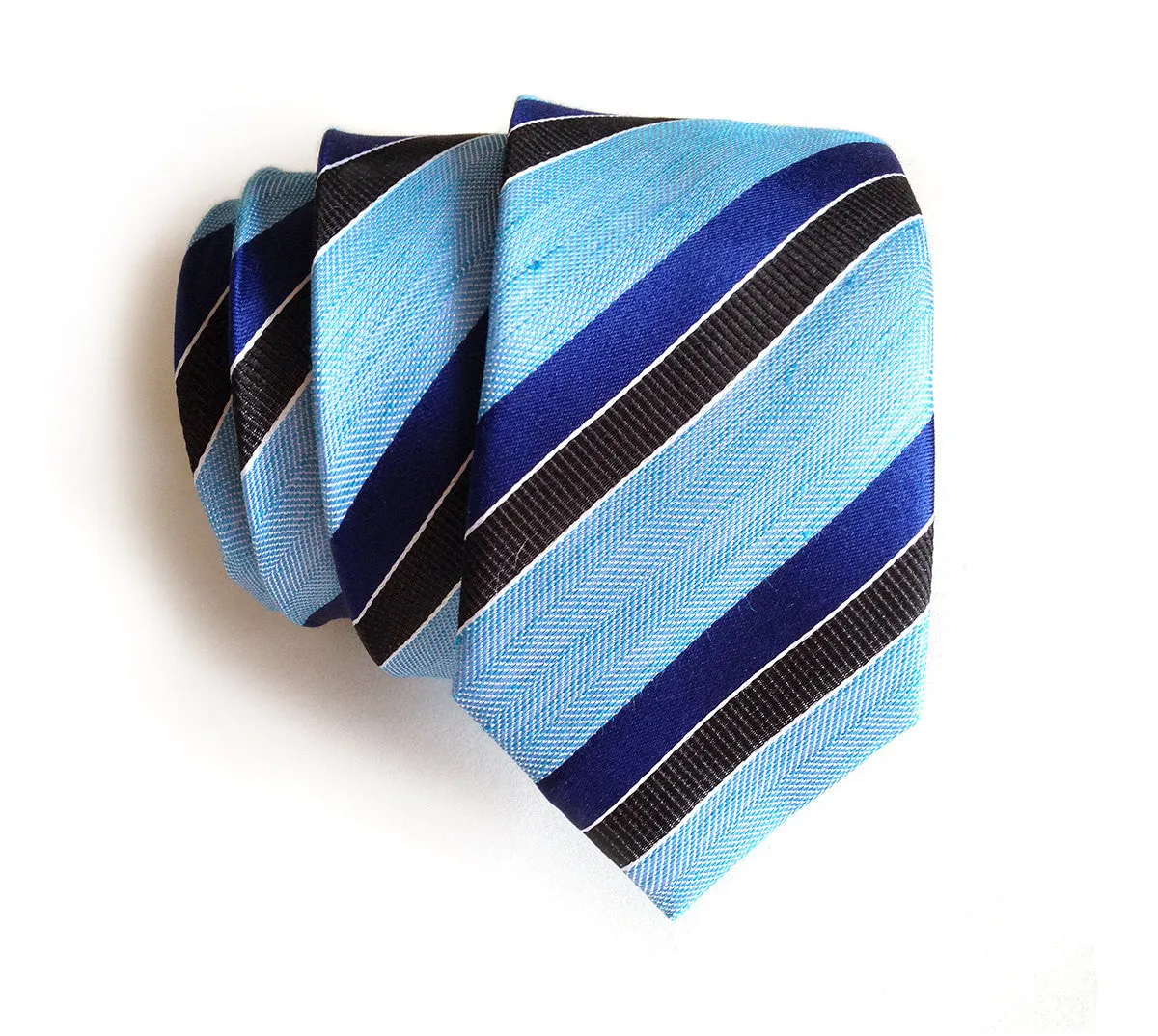 Blue Striped Linen Necktie. "Atwater" woven silk blend tie.