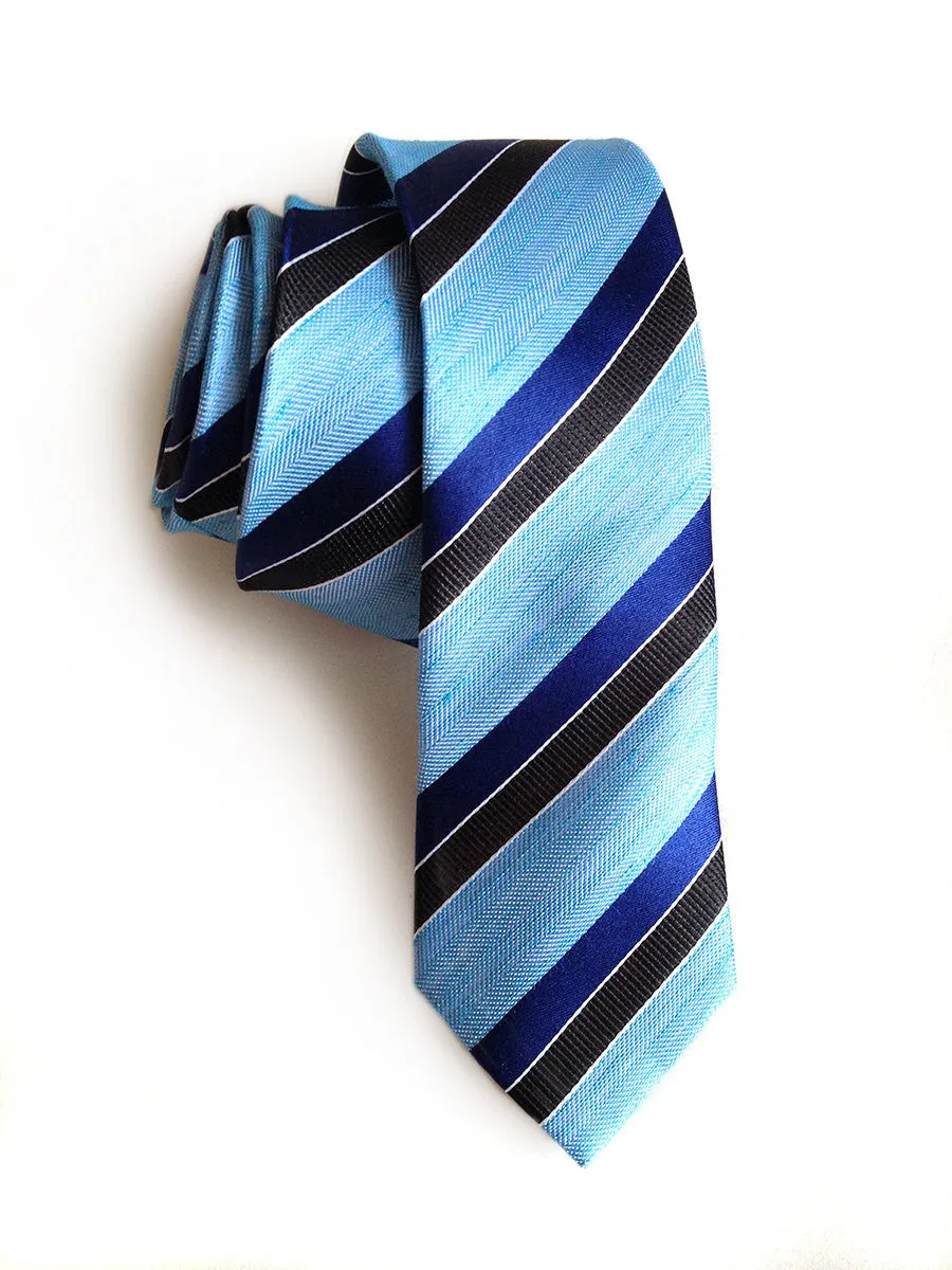 Blue Striped Linen Necktie. "Atwater" woven silk blend tie.