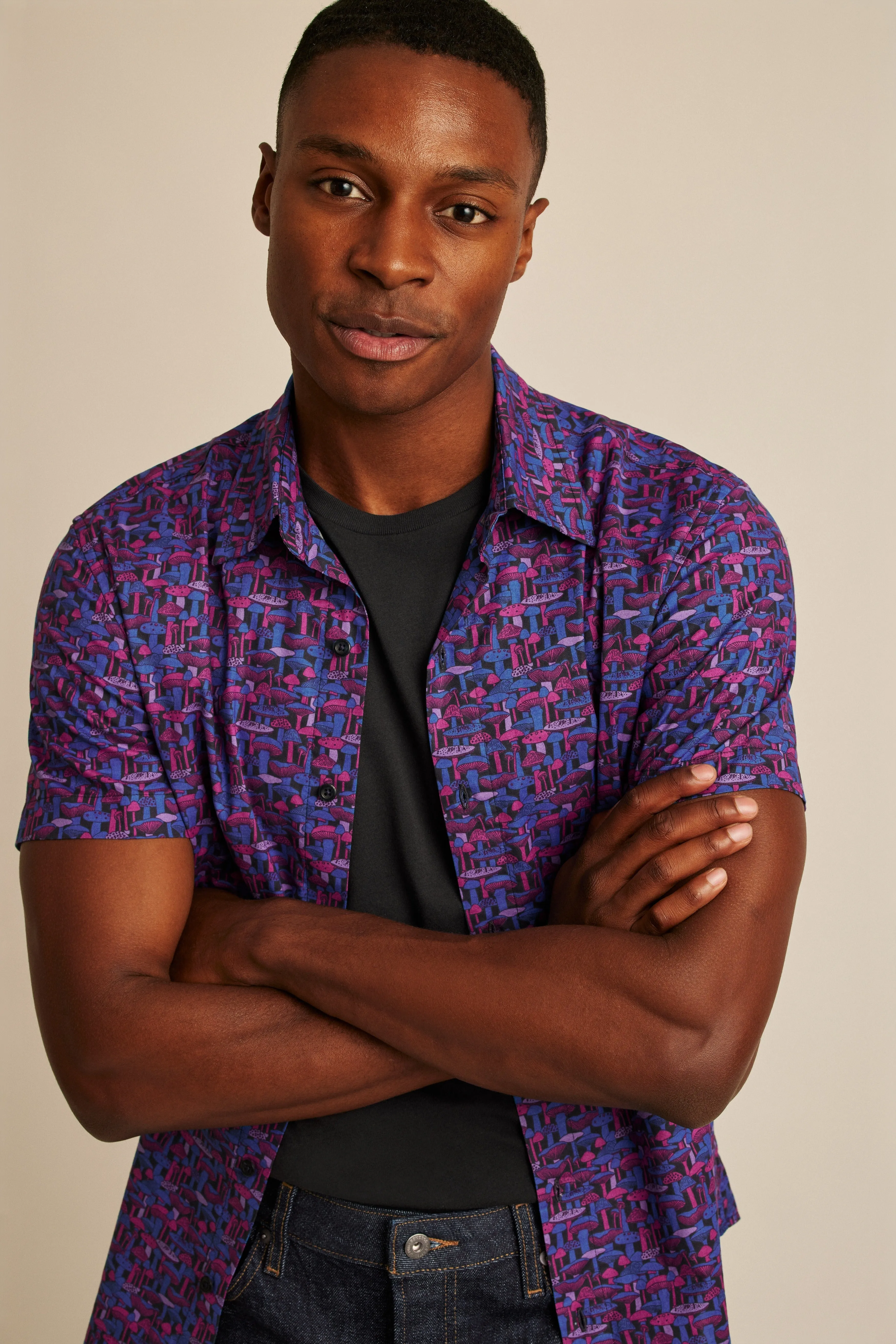 Bonobos Navy/Pink Mushroom Print Stretch Short Sleeve Button Up Shirt