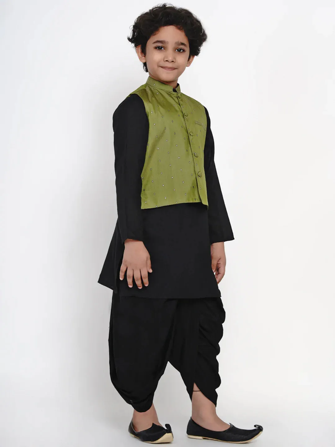 Boy'S Black Dhoti Kurta With Green Waistcoat Set