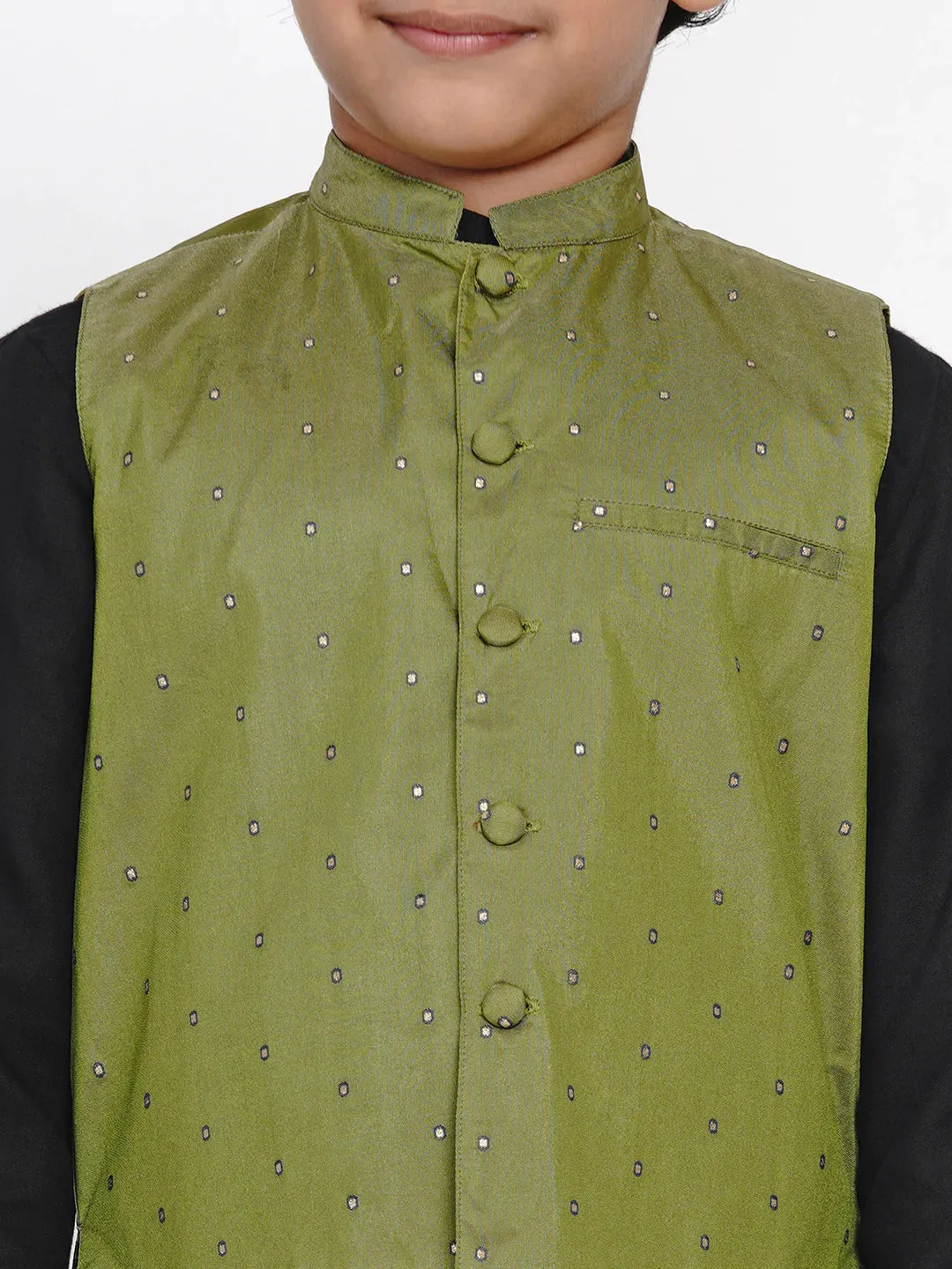 Boy'S Black Dhoti Kurta With Green Waistcoat Set