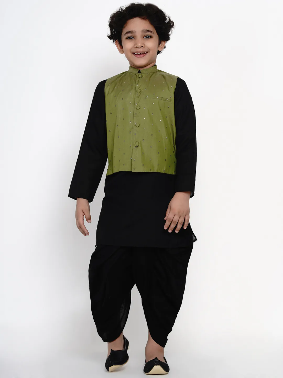 Boy'S Black Dhoti Kurta With Green Waistcoat Set