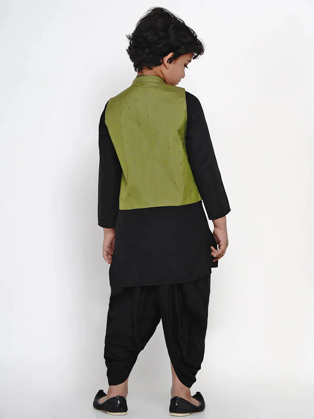 Boy'S Black Dhoti Kurta With Green Waistcoat Set