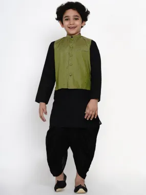 Boy'S Black Dhoti Kurta With Green Waistcoat Set