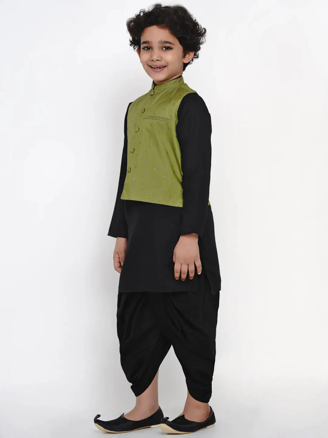 Boy'S Black Dhoti Kurta With Green Waistcoat Set