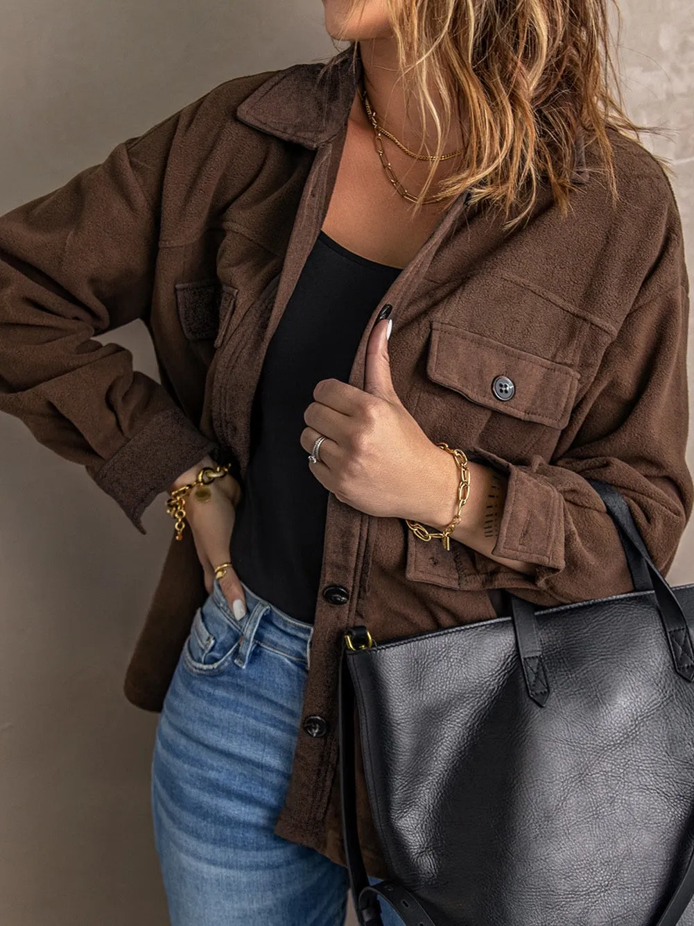 Brown Button-Front Fleece Shirt