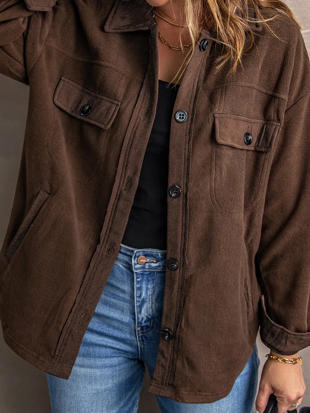 Brown Button-Front Fleece Shirt