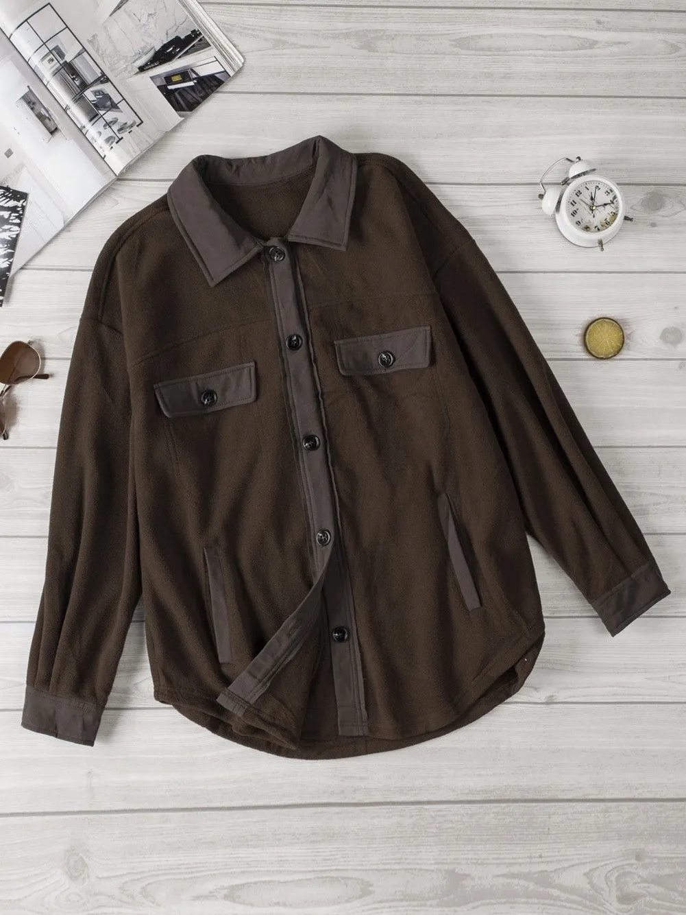 Brown Button-Front Fleece Shirt