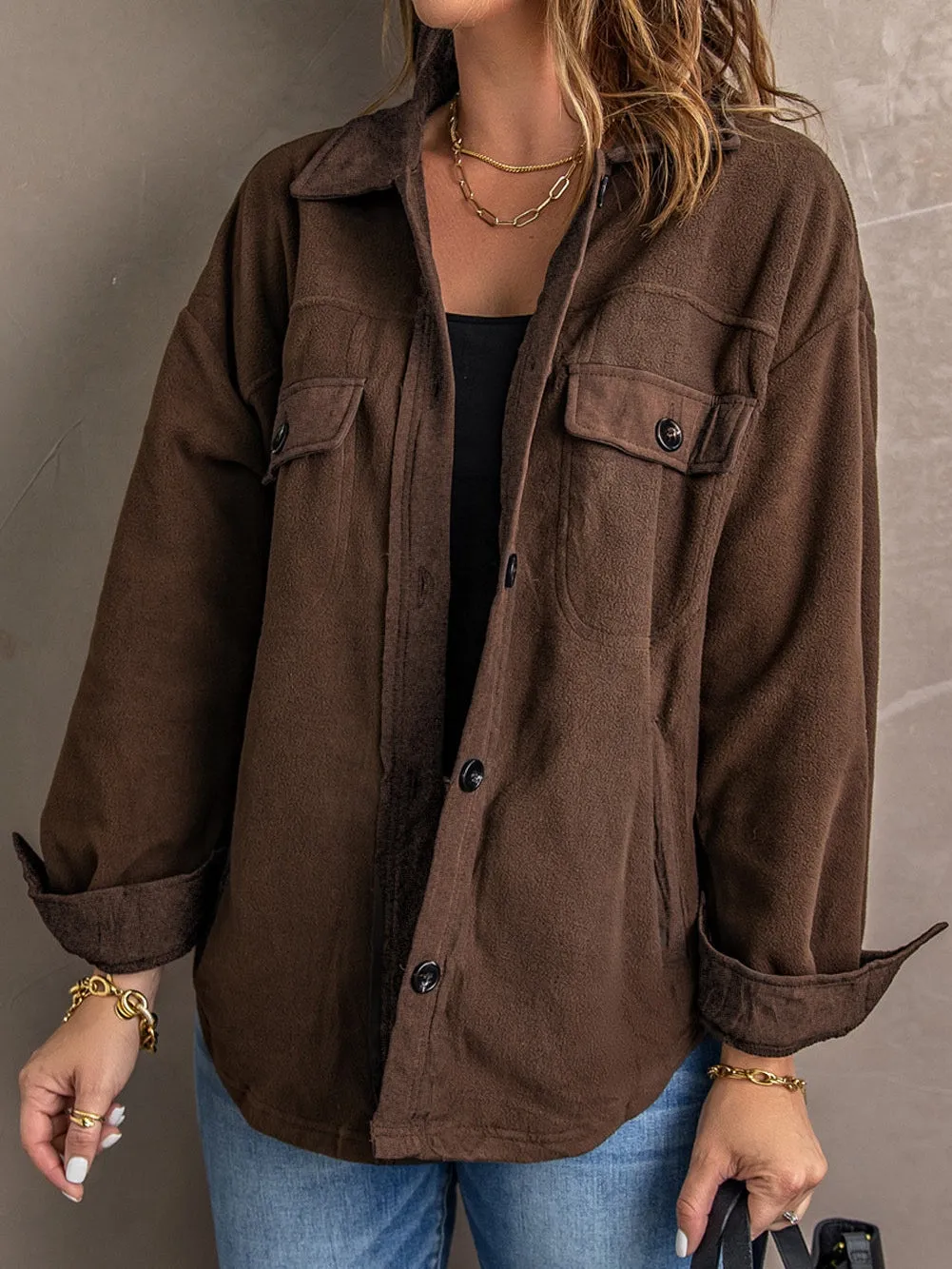 Brown Button-Front Fleece Shirt