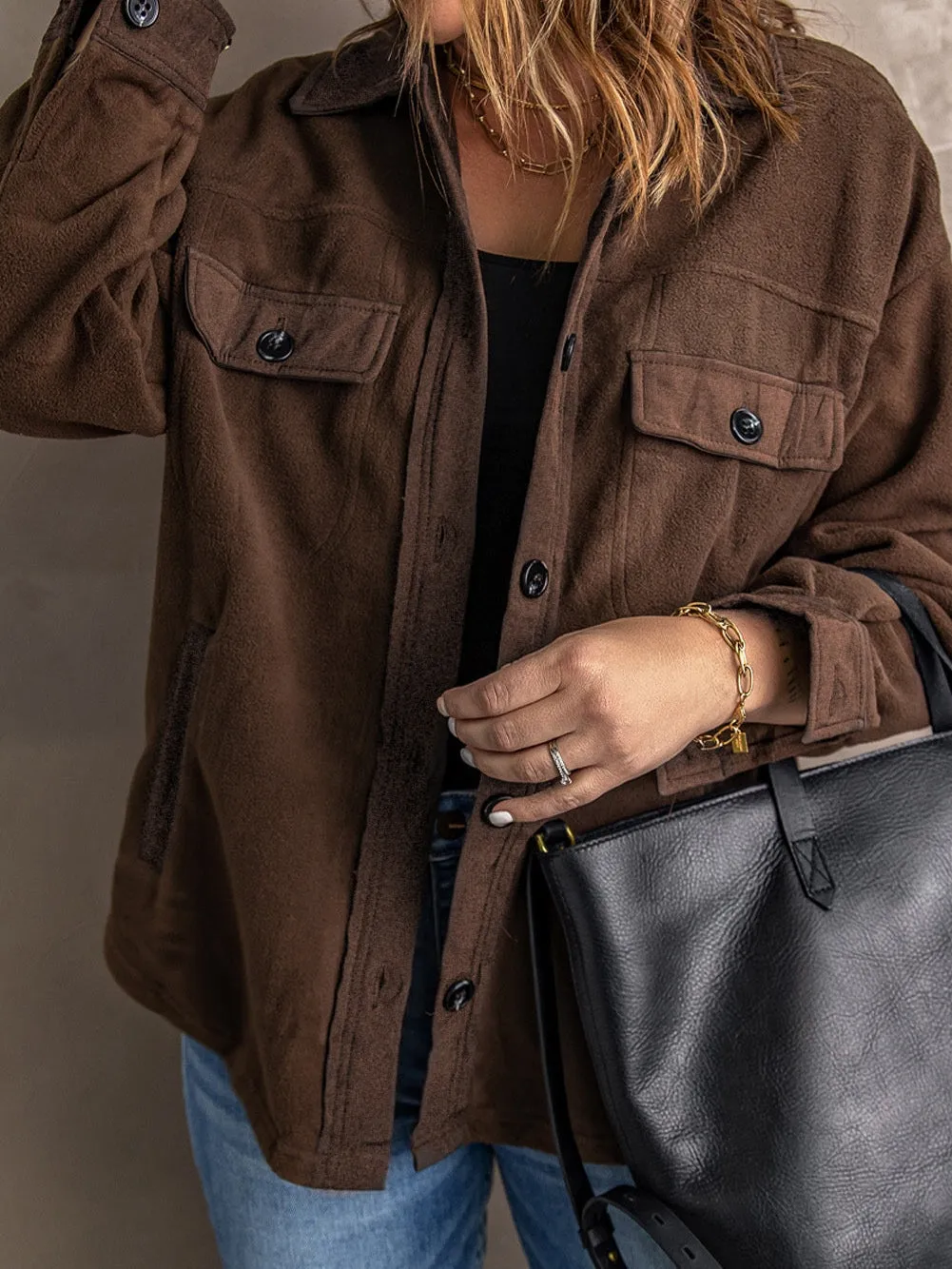Brown Button-Front Fleece Shirt