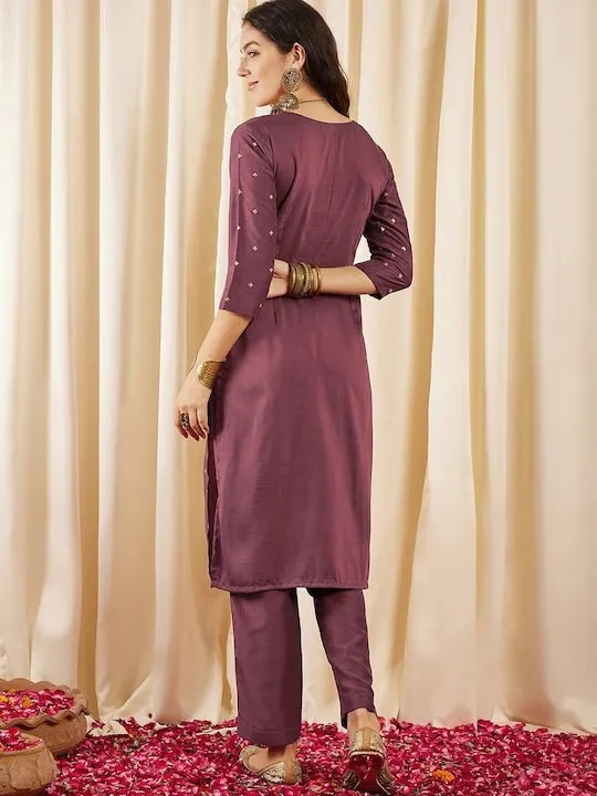 Brown Floral Embroidered Regular Kurta with Trousers