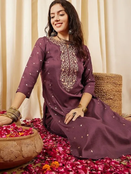 Brown Floral Embroidered Regular Kurta with Trousers