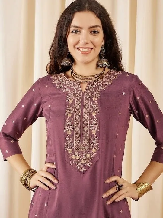 Brown Floral Embroidered Regular Kurta with Trousers