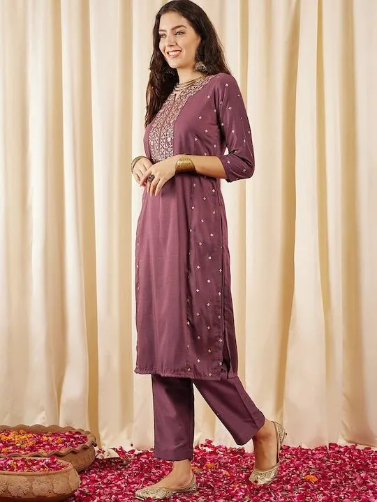 Brown Floral Embroidered Regular Kurta with Trousers