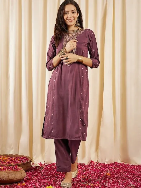 Brown Floral Embroidered Regular Kurta with Trousers