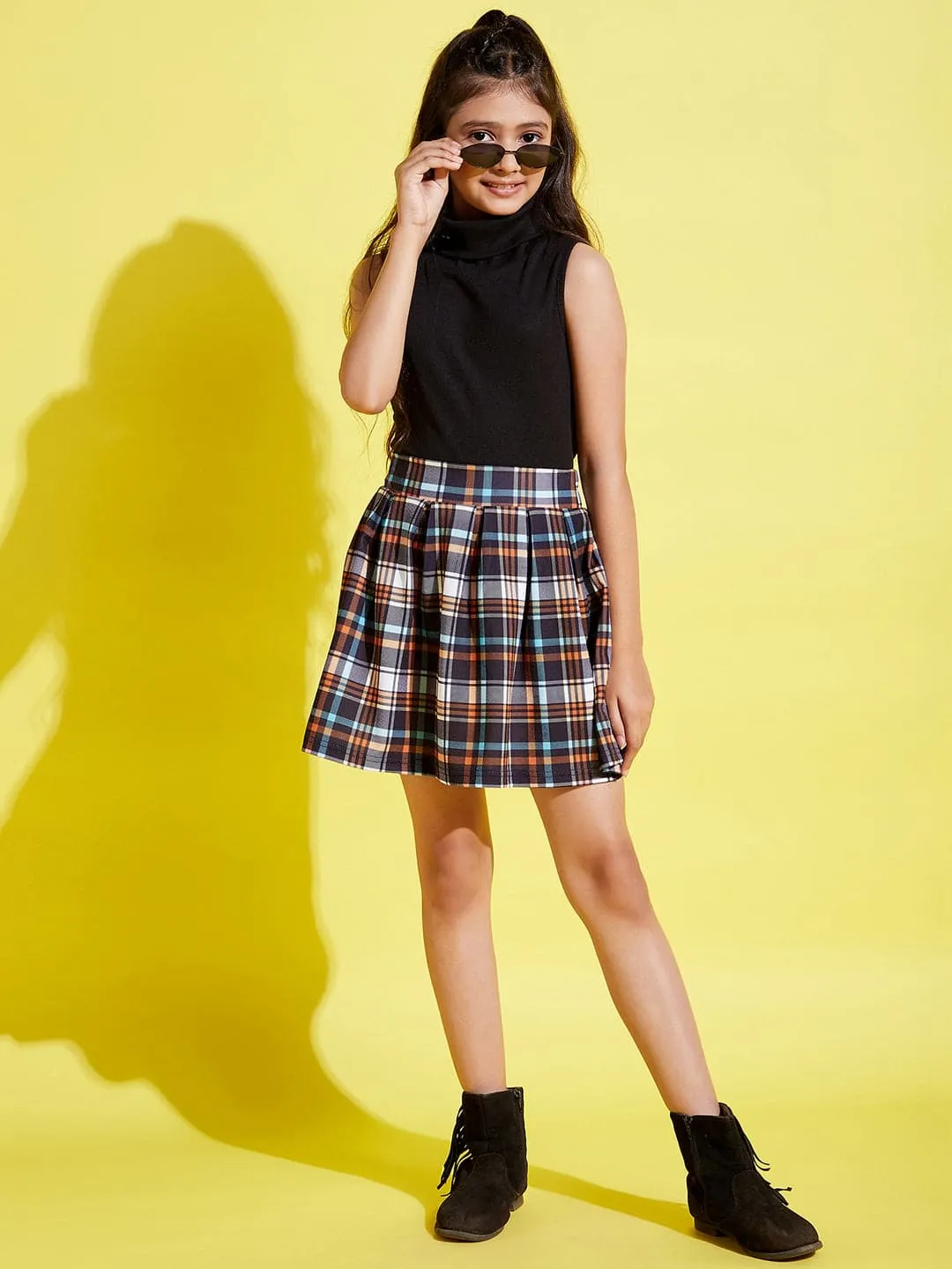 Girls Black Sleeveless High Neck Rib Top