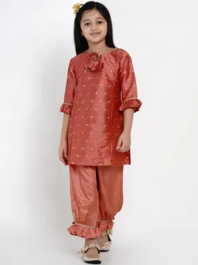 Girls Peach-Coloured Woven Design Kurta With Patiala