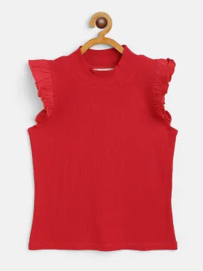 Girls Red Rib Ruffled Sleeveless Top