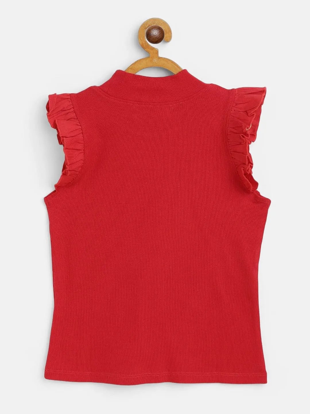 Girls Red Rib Ruffled Sleeveless Top