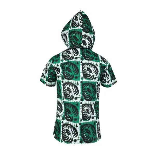 GREEN SHORT-SLEEVE ANKARA PRINT BOYS HOODIE SHIRT