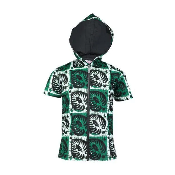 GREEN SHORT-SLEEVE ANKARA PRINT BOYS HOODIE SHIRT