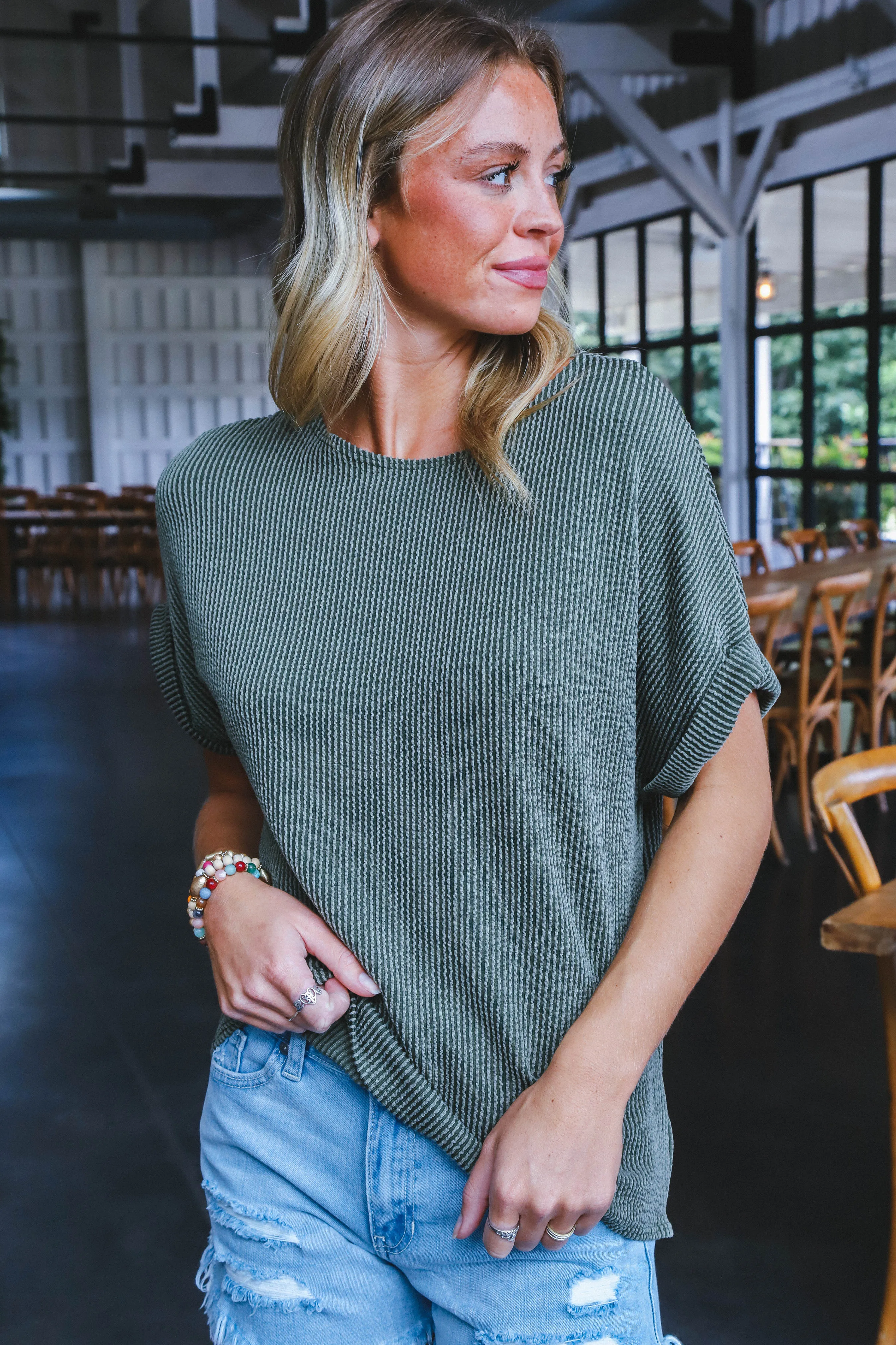 Jana Ribbed Short Sleeve Top, Olive